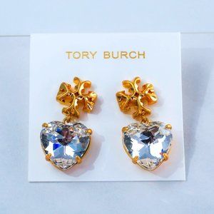 Tory Burch Gold White Crystal Heart Drop Earrings (18K Gold)